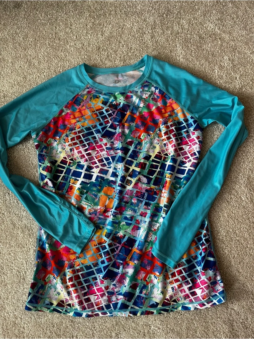 Women’s Long Sleeve Teal Swim Shirt with Multicolor Grid Print - Picture 1 of 3